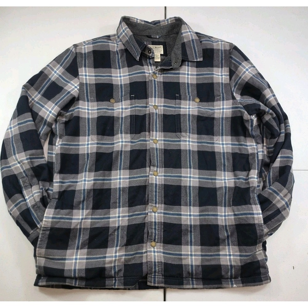 LL Bean Slightly Fitted Flannel Shirt Jacket Men L Plaid Fleece Lined Shacket